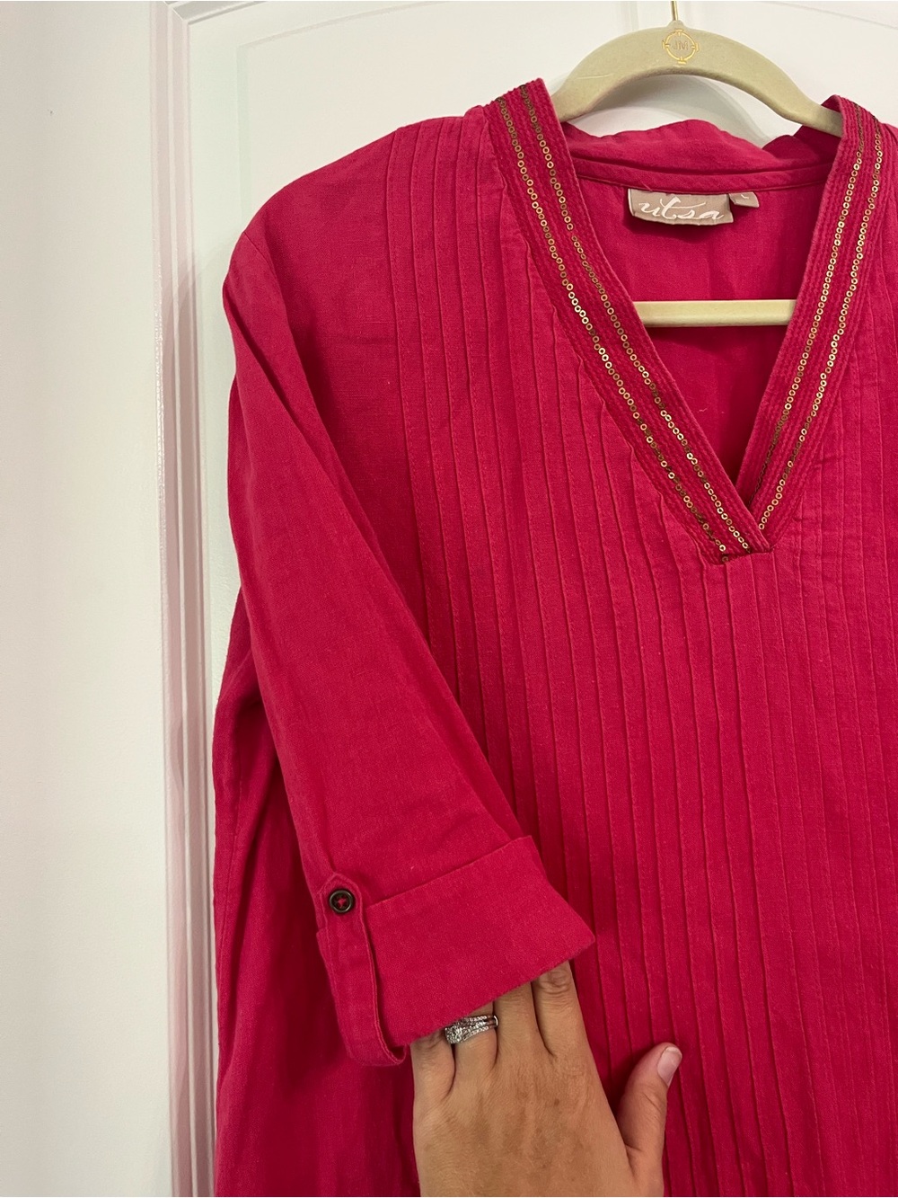V-Neck Fuchsia Pintuck Tunic with Embellished Trim Sz Large Pink with Sequins - Picture 3 of 7